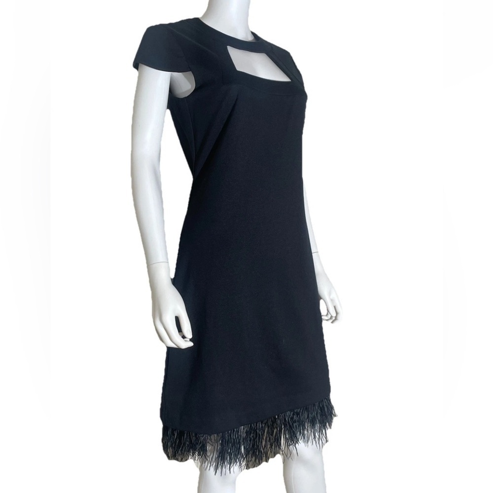 TRINA TURK Black Cut Out Stretch wool Feather Trimmed Sheath Dress Sz 6 
LBD - Picture 3 of 14